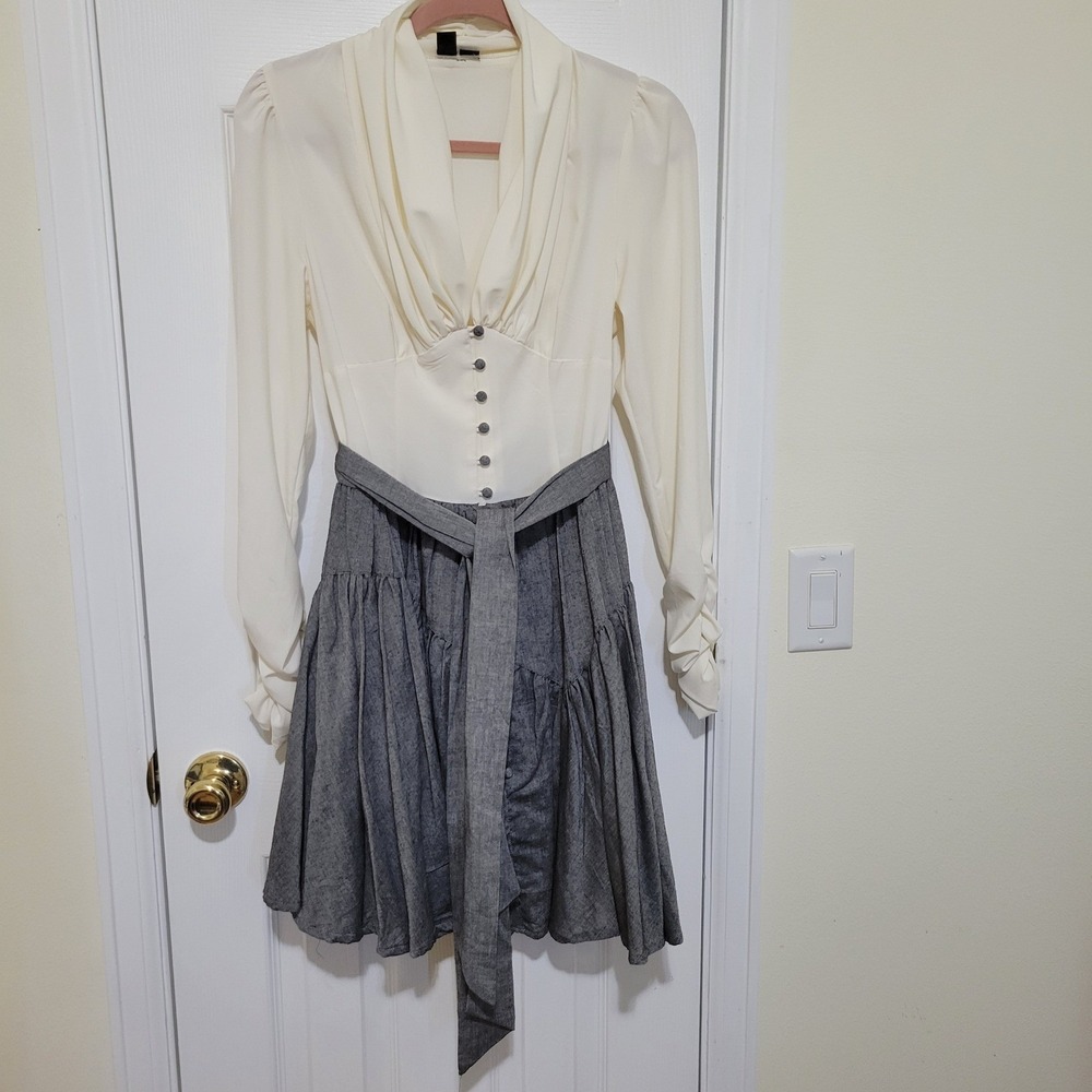 Windsor Cream Grey Long Sleeve Button Front Tiered Mini Dress Size M Cowl Neck